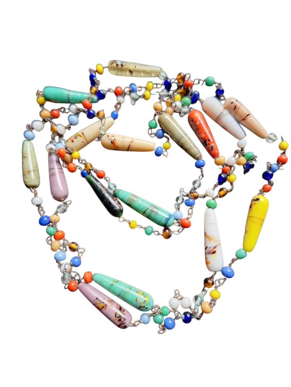 Colorful Multi-Bead Glass Teardrop Beaded  Necklace Vintage India Long Strand